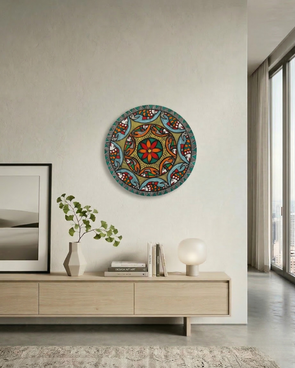 Fish & Lotus Mandala Madhubani Wall Art | 12 Inch MDF Board