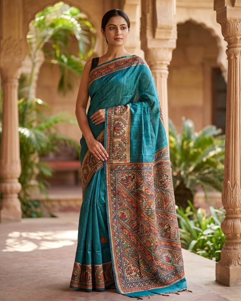 Blue Handmade Madhubani Painting  Saree with Blouse