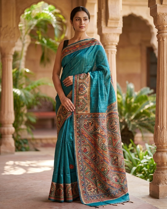 Blue Handmade Madhubani Saree with Blouse