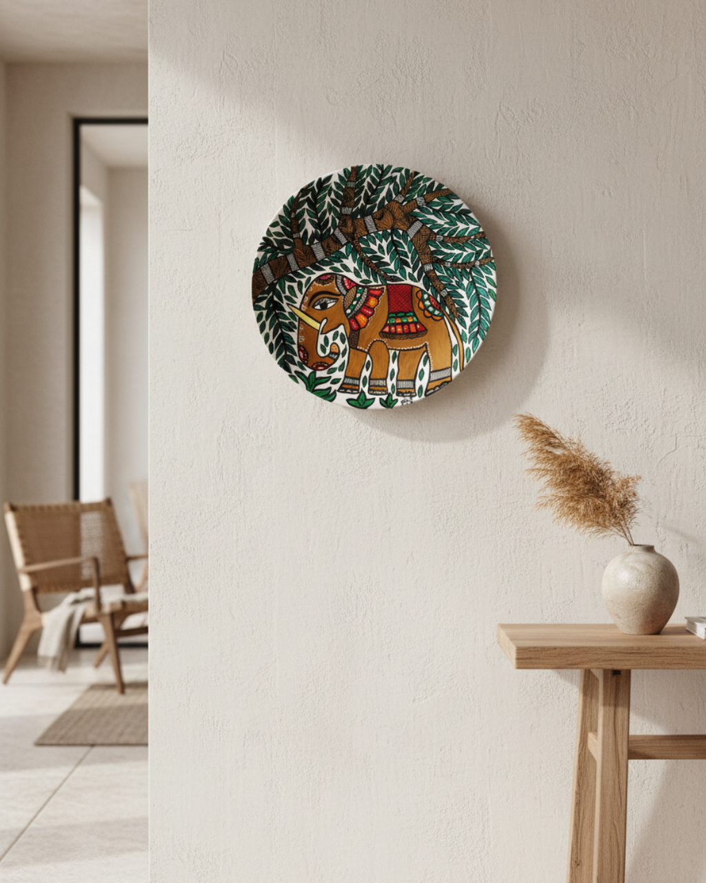 Royal Elephant & Sacred Tree Madhubani Wall Art | 12 Inch MDF Board
