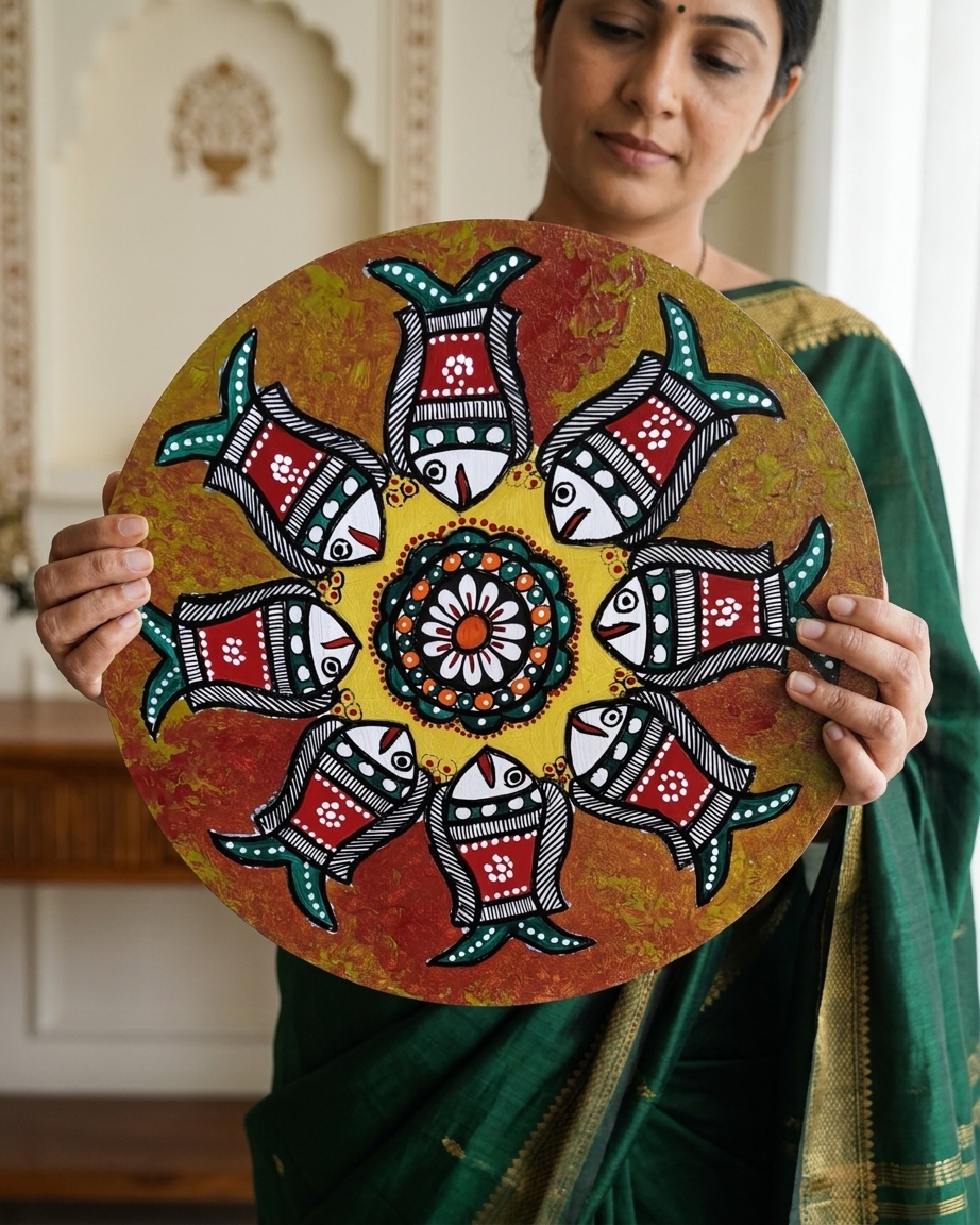 Fish Madhubani Wall Art on MDF Board – Handmade Mithila Painting for Home Decor