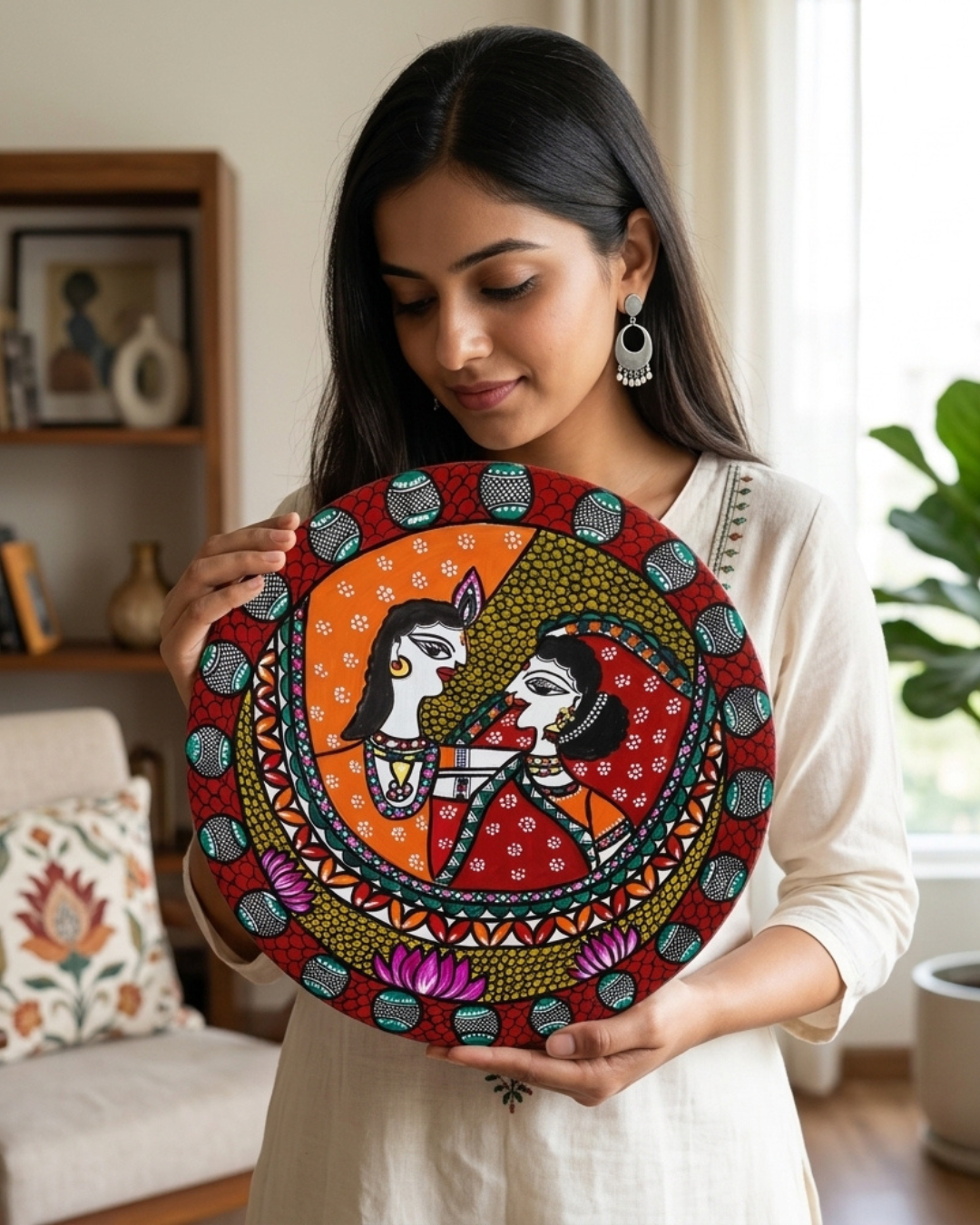 Krishna and Radha Madhubani Wall Art on MDF Board – Handmade Mithila Painting for Home Décor