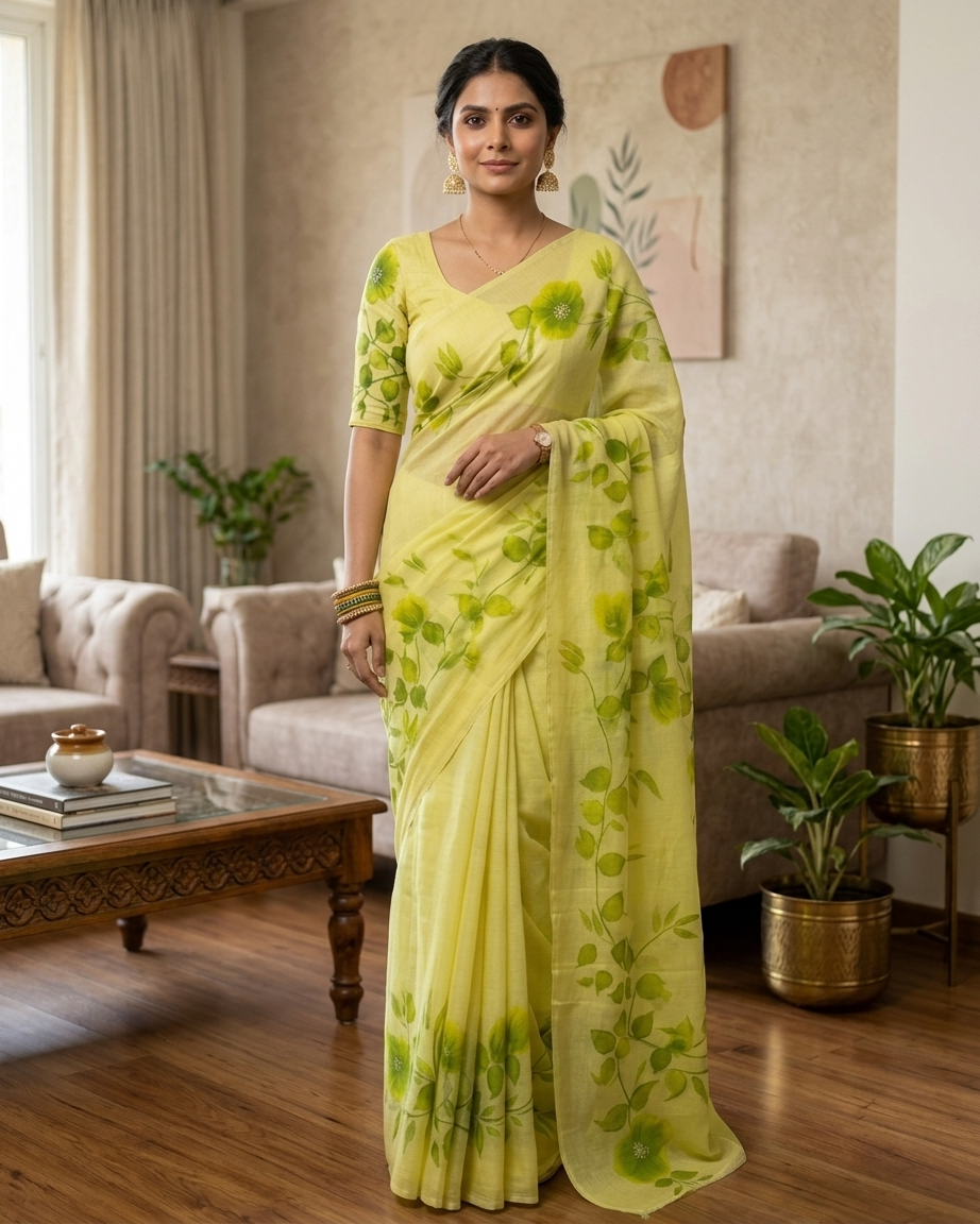Light Green Floral Handmade Madhubani Painting Saree with Blouse – Handcrafted Mithila Art Saree for Women
