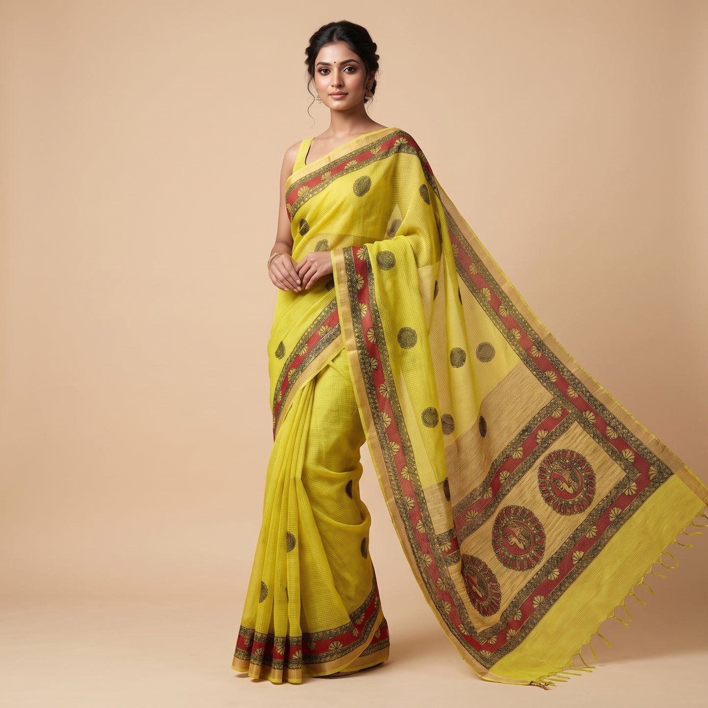 Lemon Green Handmade Madhubani Painting Saree for Women