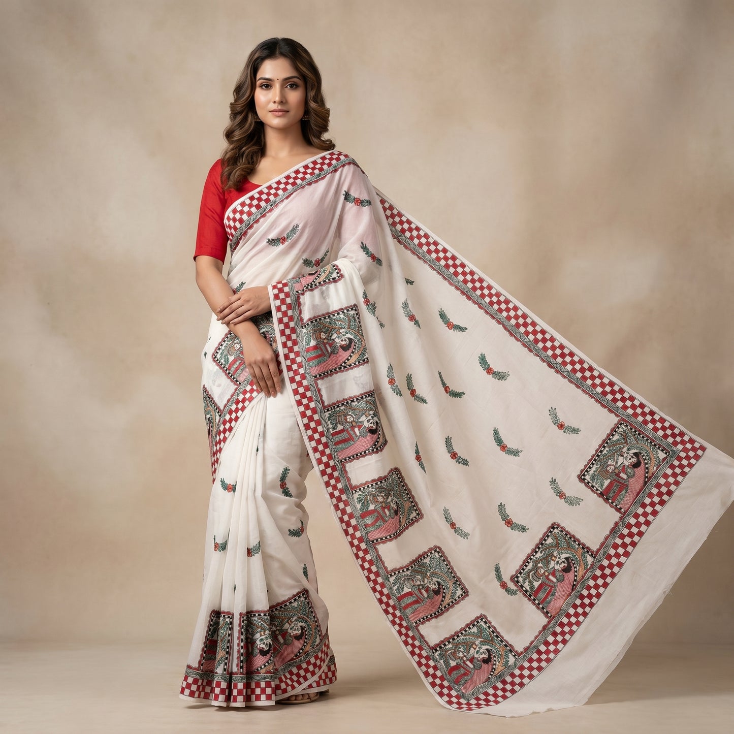 White Handmade Madhubani Painting Saree with Blouse
