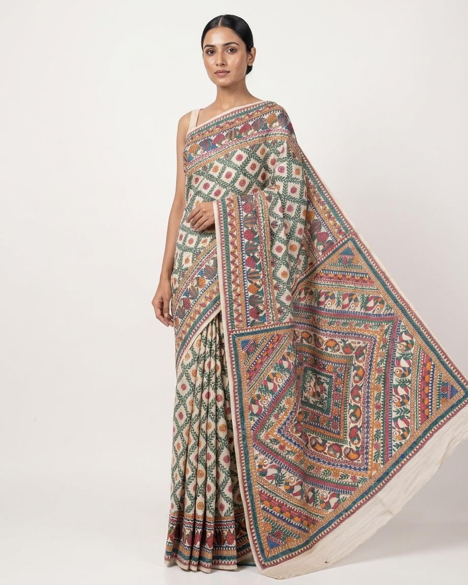 Handmade Madhubani Painting Saree with Blouse | All Over Hand-Painted Ethnic Saree