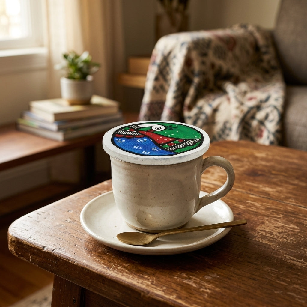 Handmade Peacock Design Coaster Set with Stand | Madhubani Painting Tea Coasters Set of 6