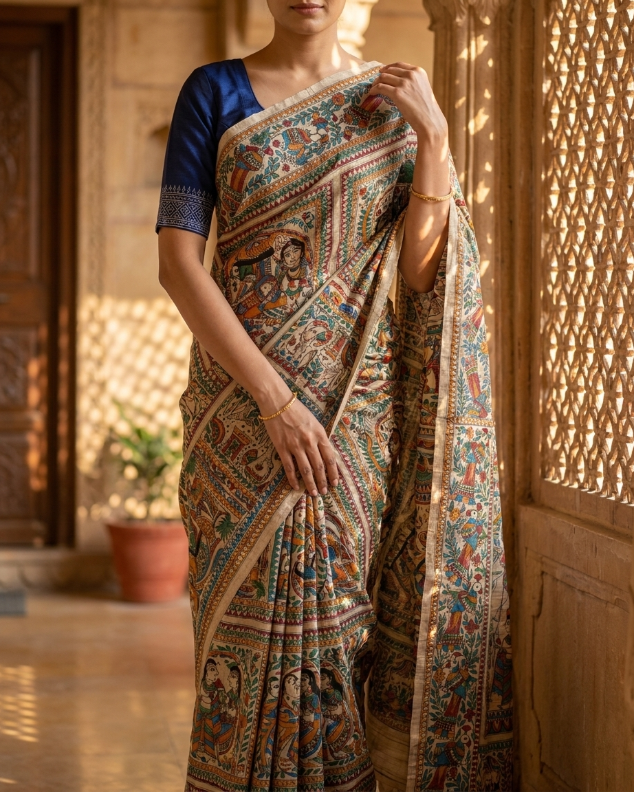 Handmade Madhubani Painting Saree with Blouse | All Over Ethnic Saree for Women