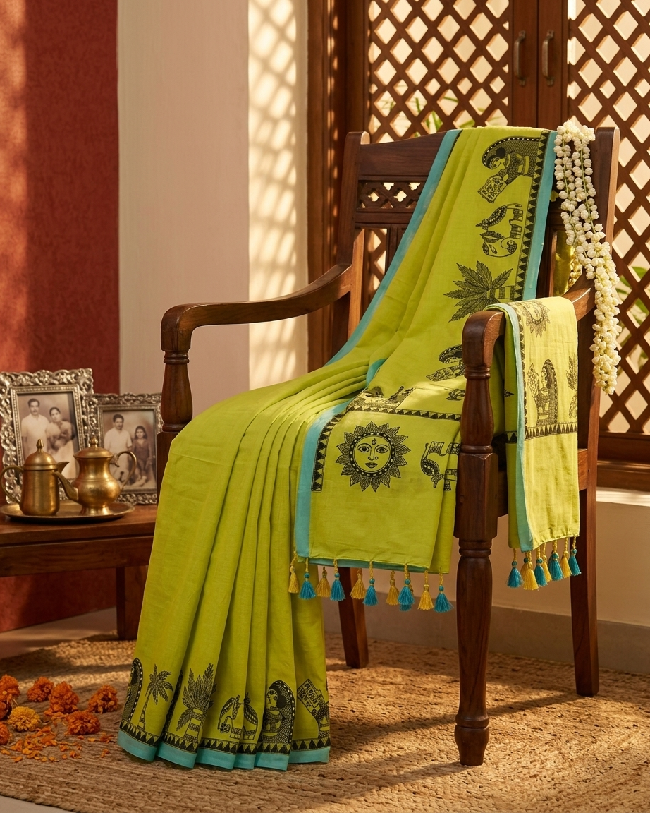 Handmade Madhubani Painting Saree with Blouse | Chhath Puja Saree