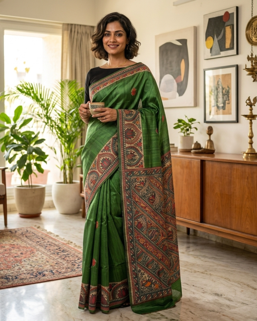 Green Handmade Madhubani Painting Saree with Blouse