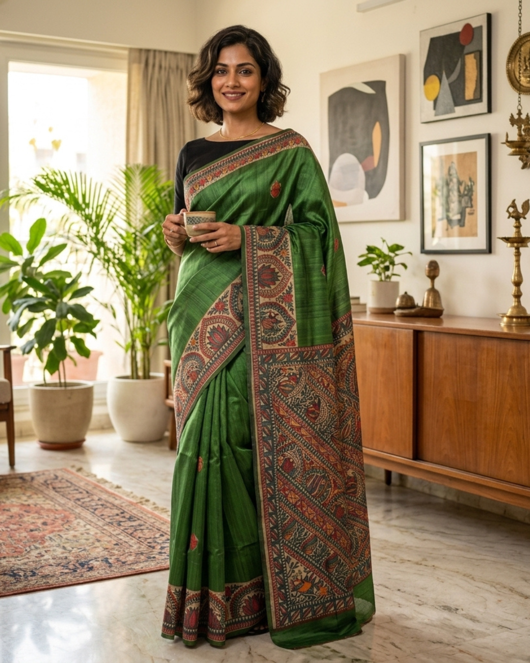 Green Handmade Madhubani Painting Saree with Blouse