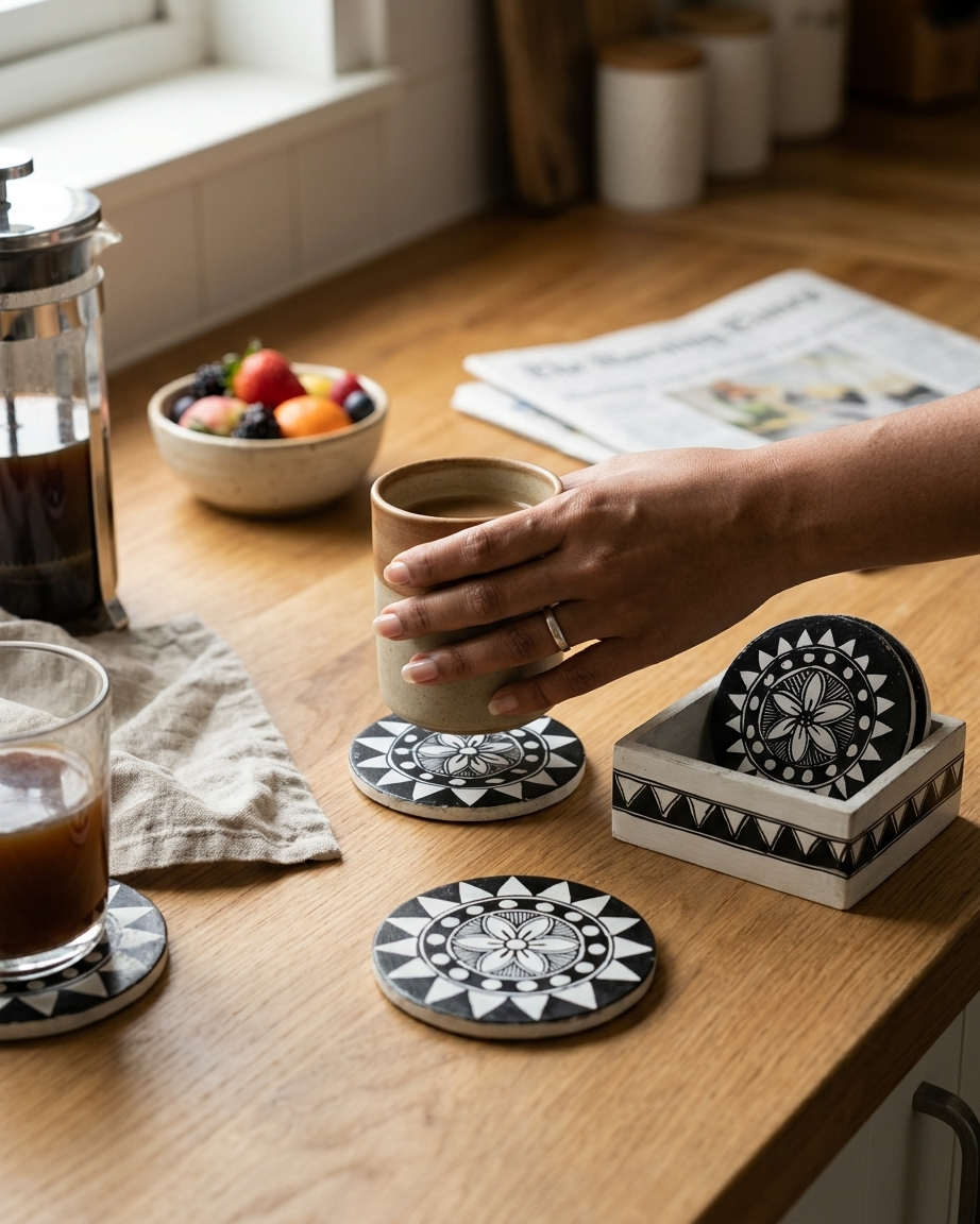 Handmade Rangoli Design Madhubani Coaster Set with Stand |  Tea Coasters (Set of 6)