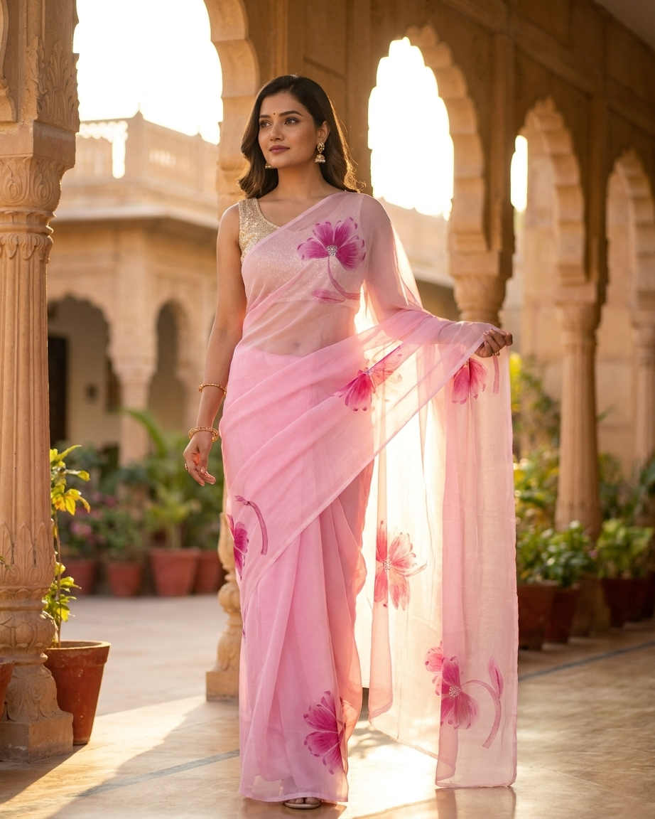 Floral Handmade Madhubani Painting Saree with Blouse Piece – Elegant Hand-Painted Mithila Art Saree for Women