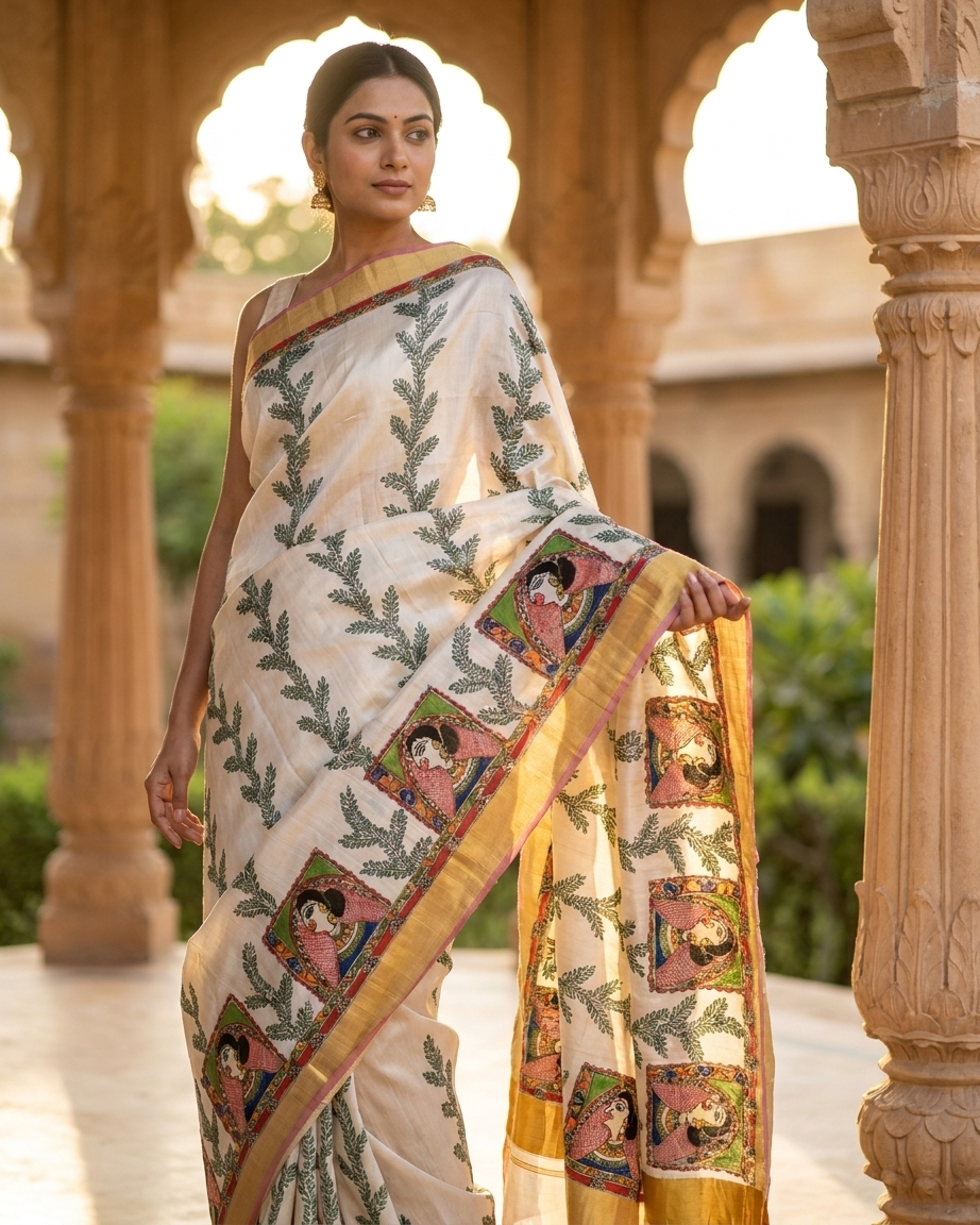 Cream Colour Handmade Madhubani Painting Saree with Blouse