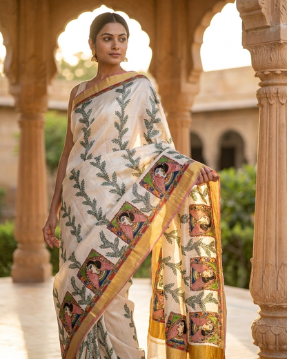 Cream Handmade Madhubani Painting Saree with Blouse