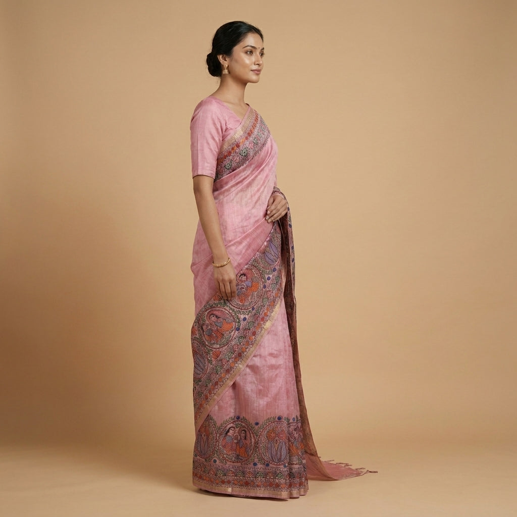 Baby Pink Handmade Madhubani Painting Saree with Blouse