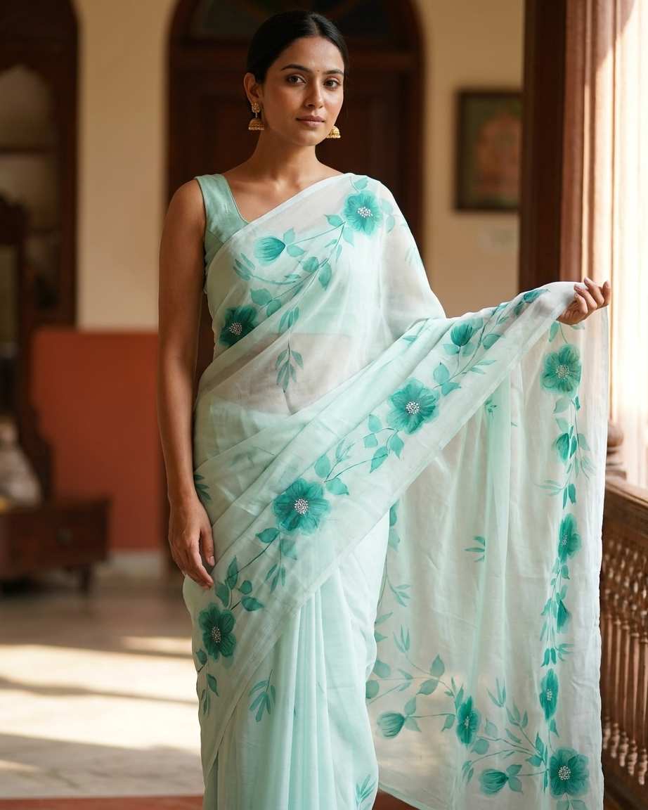 Mint Green Floral Handmade Madhubani Painting Saree with Blouse