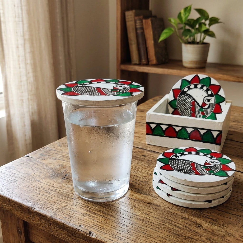 Handmade Peacock Design Madhubani Coaster Set with Stand | Set of 6 Decorative Tea Coasters