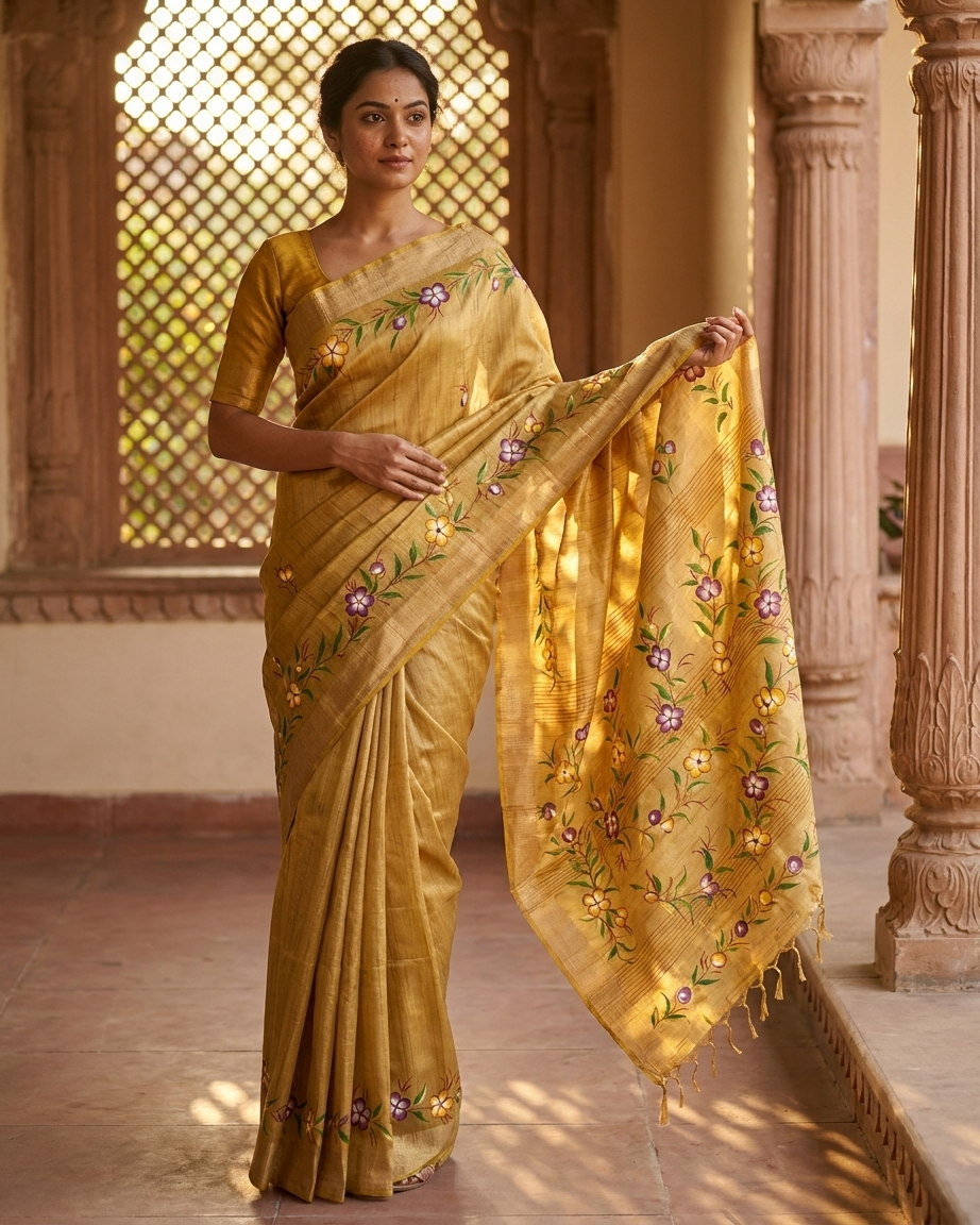 Golden Beige Floral Handmade Madhubani Painting  Saree with Blouse