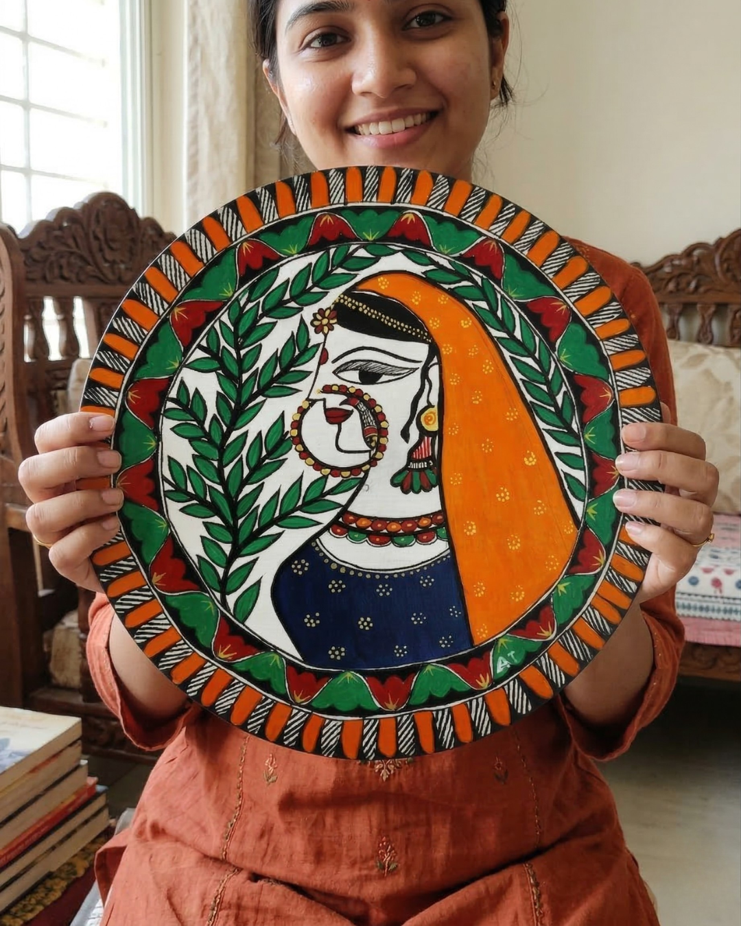 Maithil Lady Madhubani Wall Art | 12 Inch MDF Board