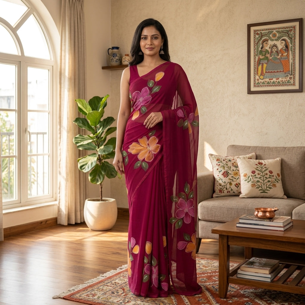 Floral Handmade Madhubani Painting Saree with Blouse  – Traditional Mithila Art Saree for Women