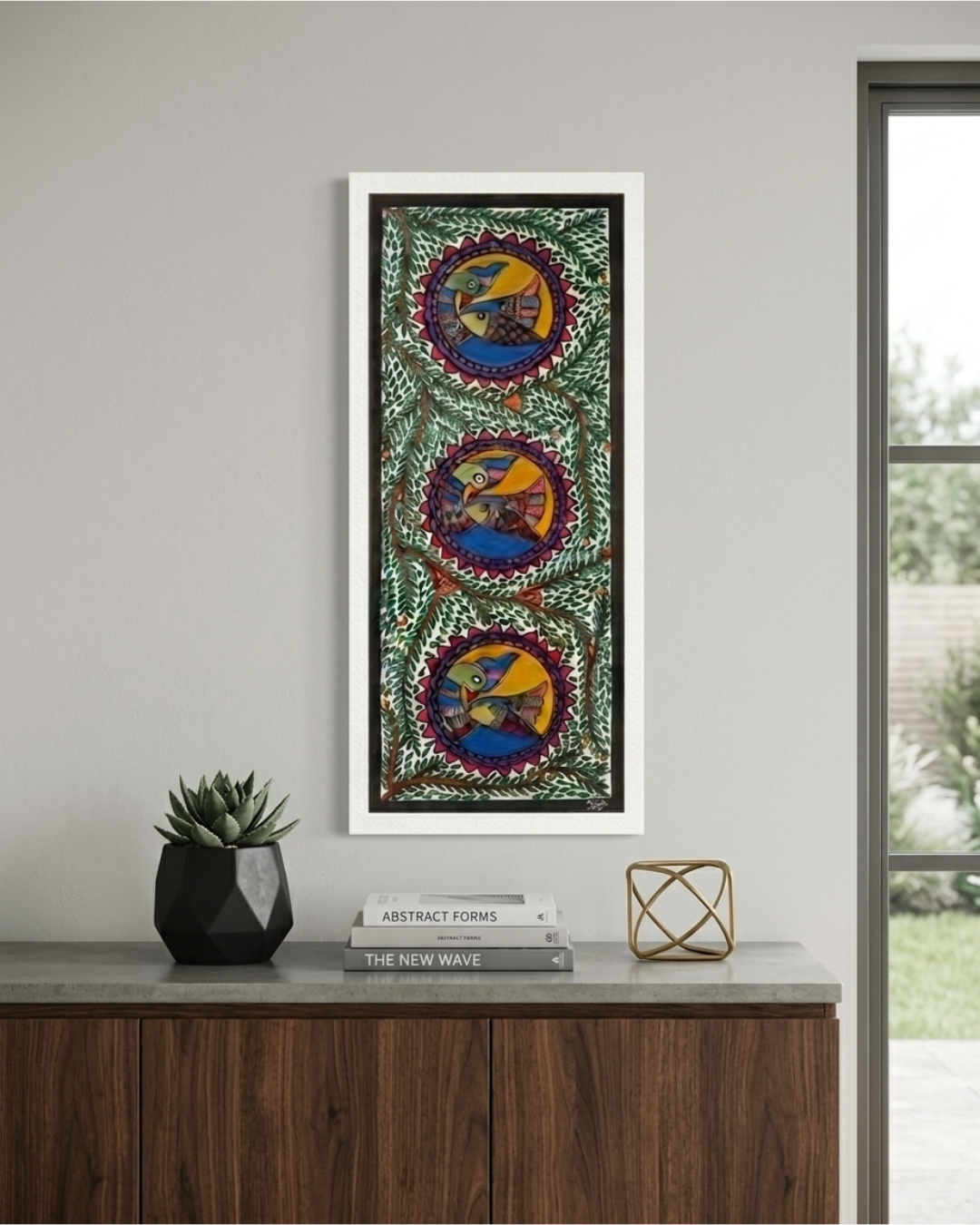 Peacocks and Fish Madhubani Painting on Handmade Paper (11x28 Inch) – Traditional Mithila Folk Art Wall Decor