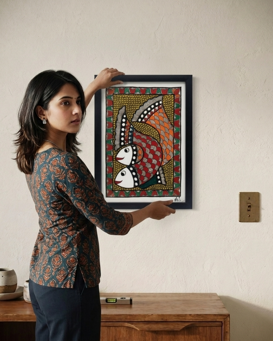 Fish Madhubani Painting Framed A4 –  Wall Art Decor