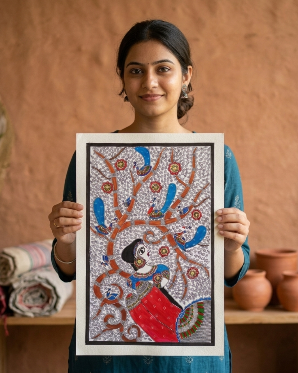 Bharti Mata Madhubani Painting on Handmade Paper (14x22 Inch) – Traditional Mithila Folk Art Wall Decor