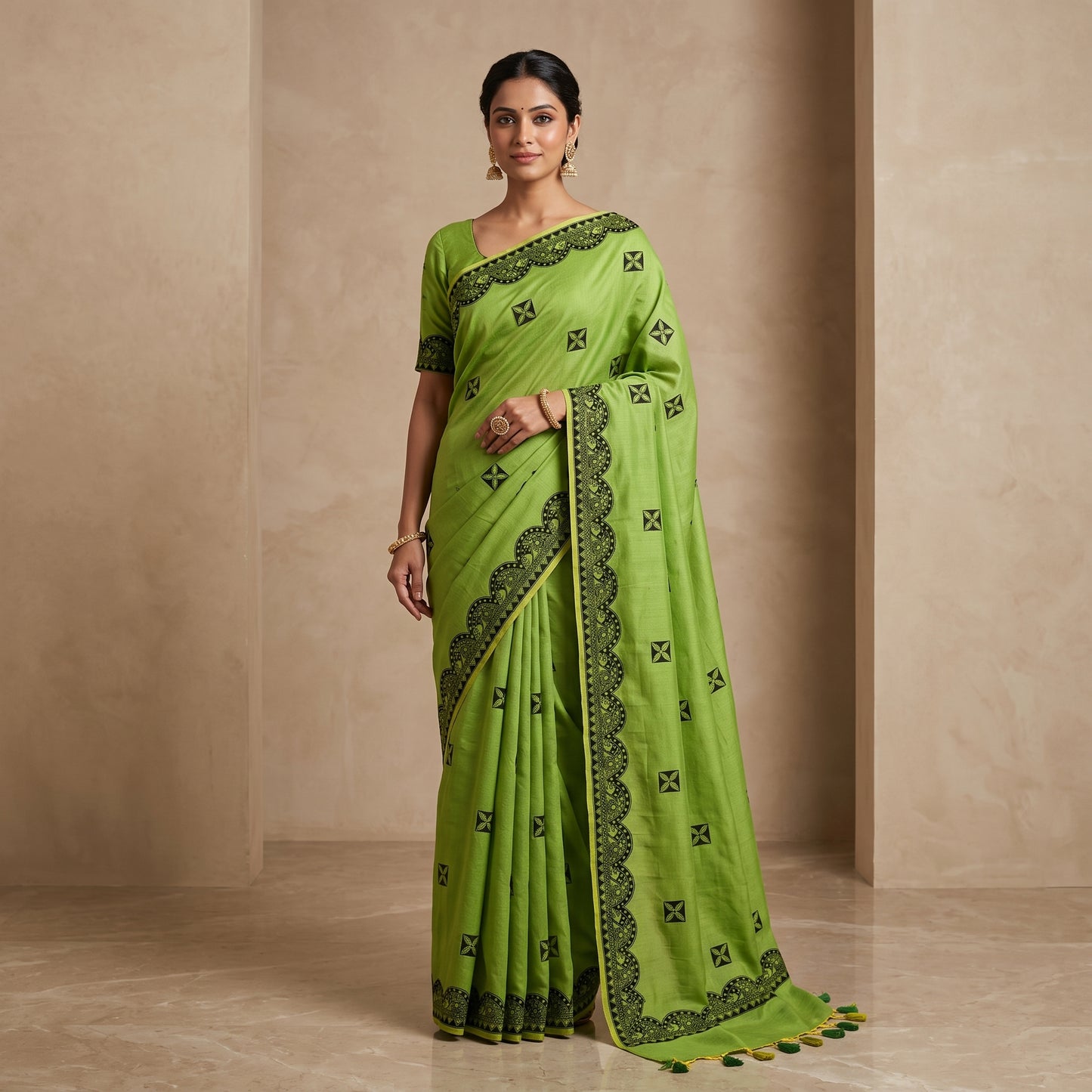Parrot Green Handmade Madhubani Painting Saree for Women
