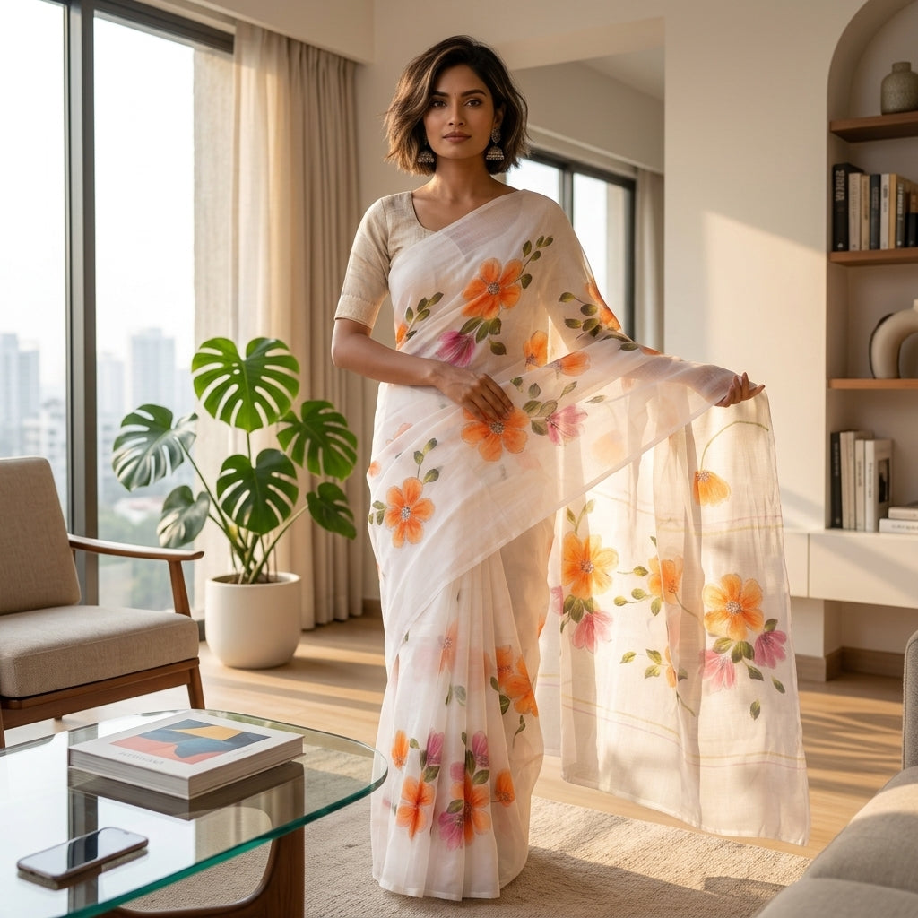 Floral Handmade Madhubani Painting Saree with Blouse  | Hand-Painted Mithila Art Saree for Women