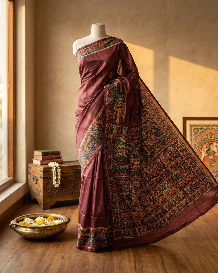 Handmade Madhubani Painting Silk Saree with Blouse | Ethnic Saree for Women