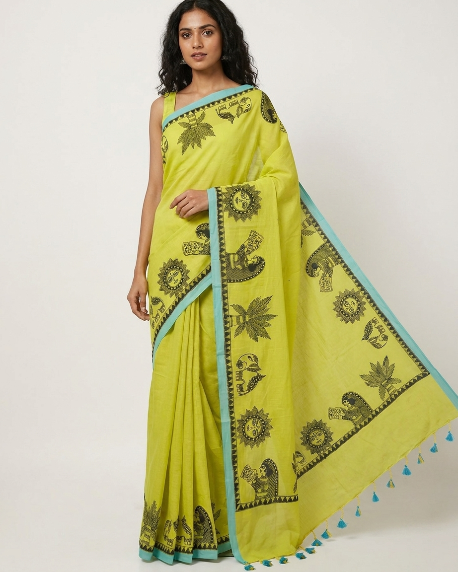 Handmade Madhubani Painting Saree with Blouse | Chhath Puja Saree