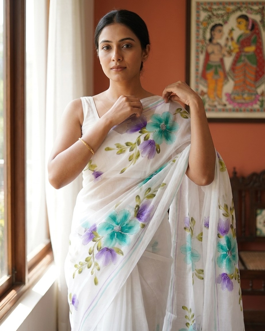 White Floral Handmade Madhubani Painting  Saree with Blouse