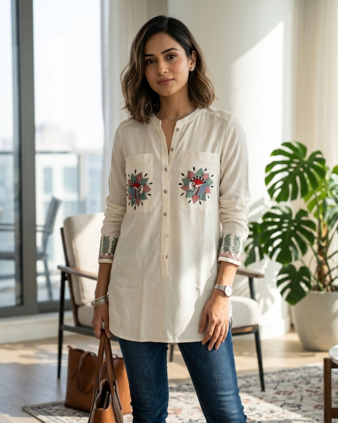Women Madhubani Painting Long Shirt (Size L) – Handcrafted Ethnic Wear