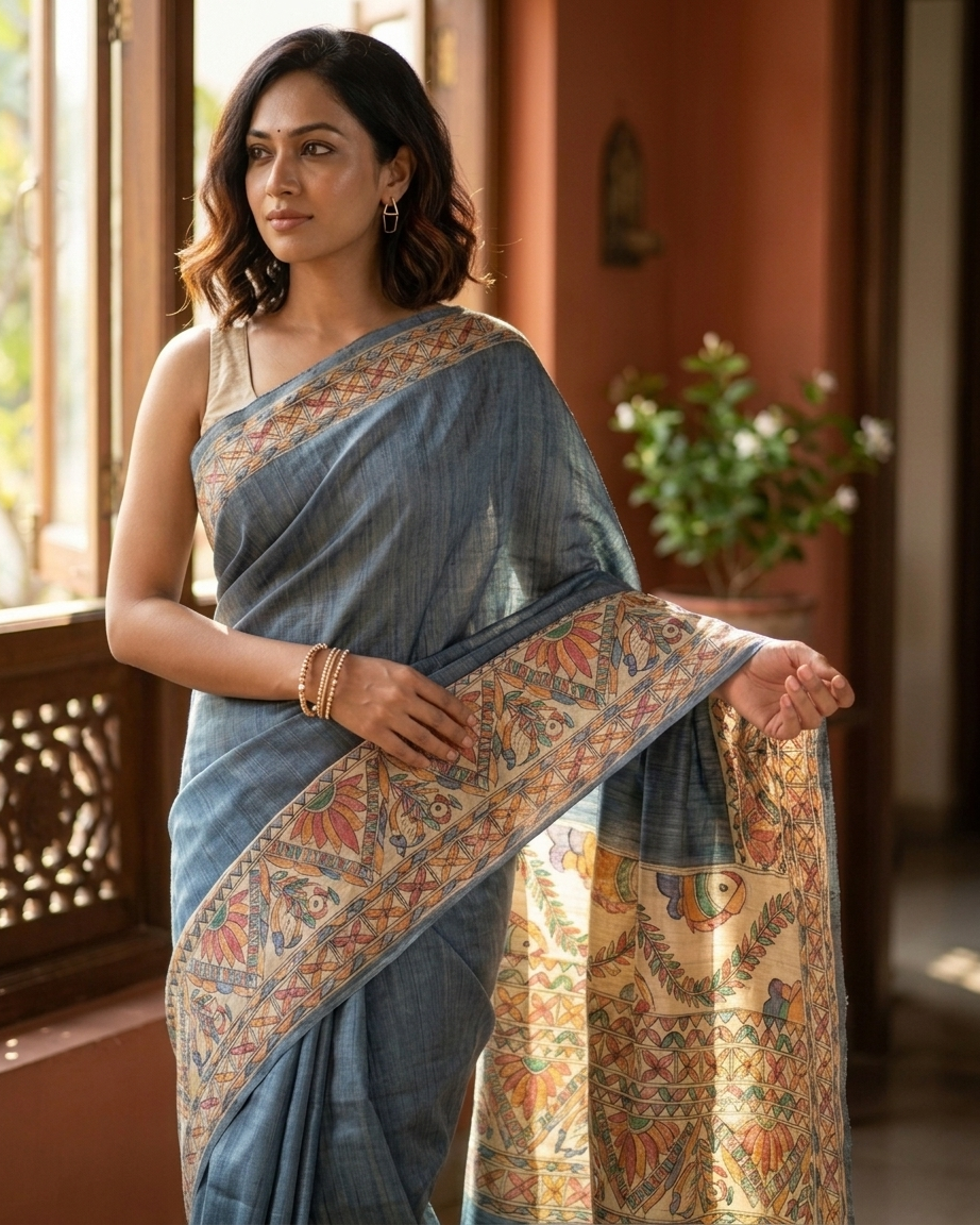 Handmade Madhubani Painting Saree with Blouse | Hand-Painted Ethnic Saree for Women