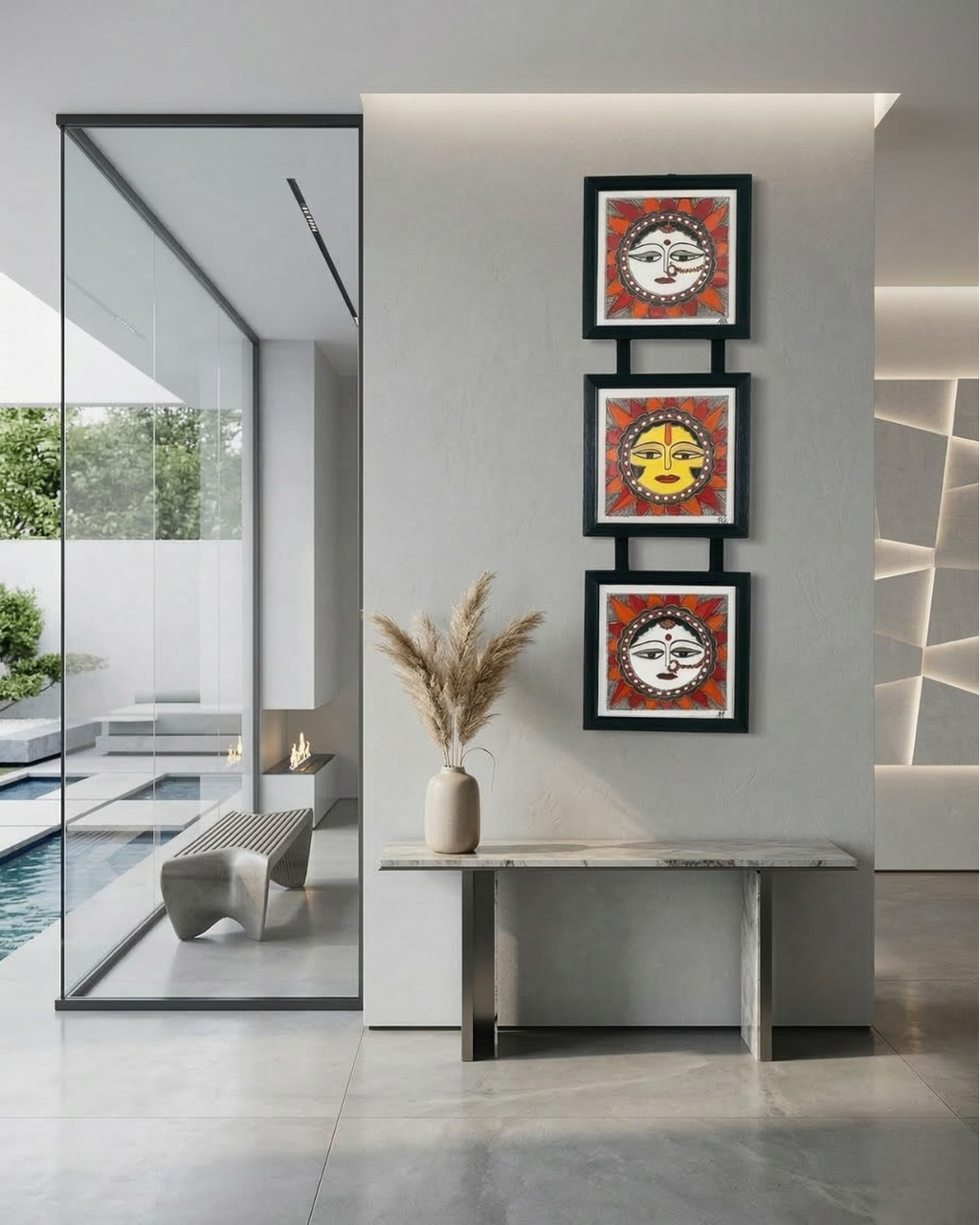 Sun Madhubani Triple Frame Wall Hanging – Handmade Mithila Art Decor