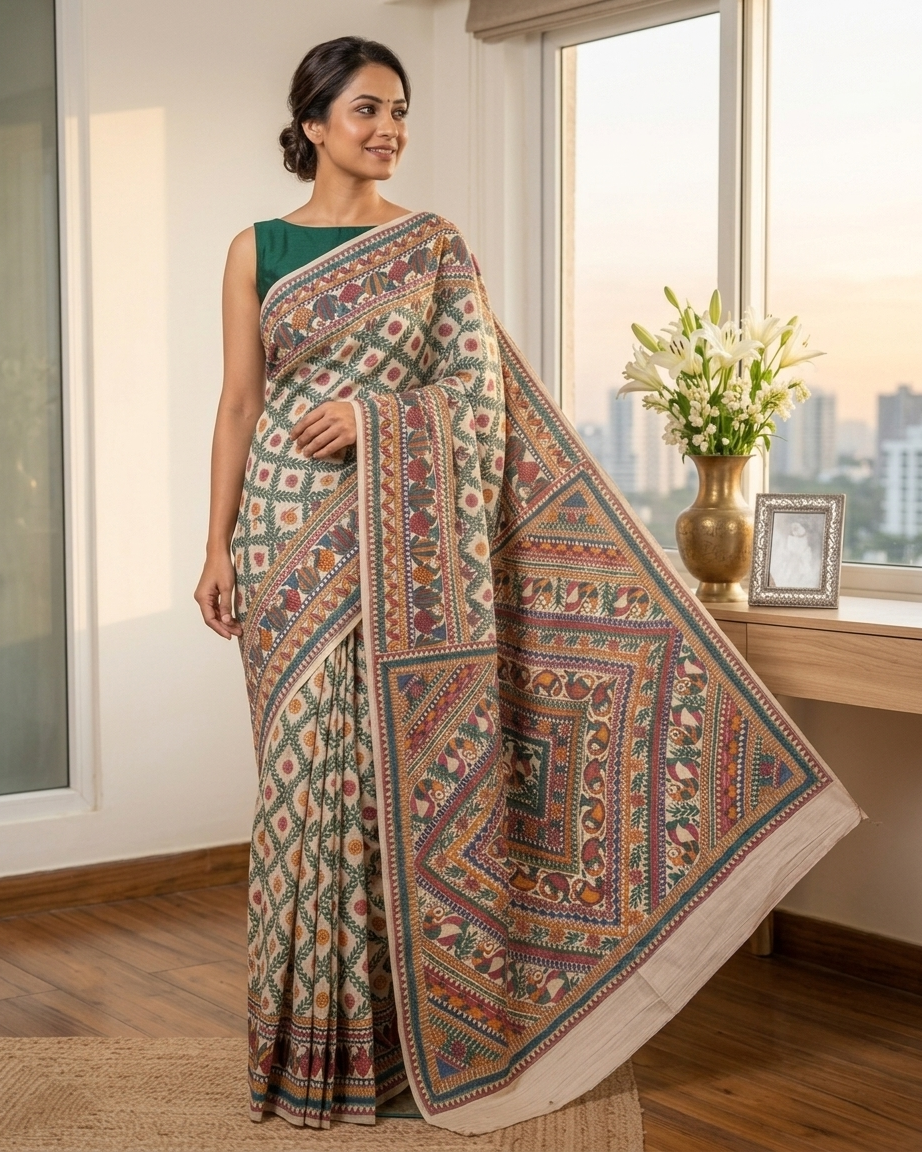 Handmade Madhubani Painting Saree with Blouse | All Over Hand-Painted Ethnic Saree