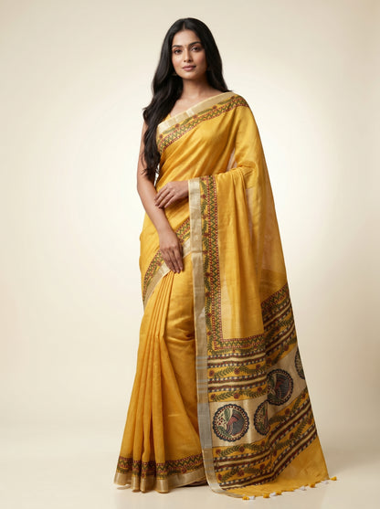 Mustard Yellow Handmade Madhubani Saree with Blouse