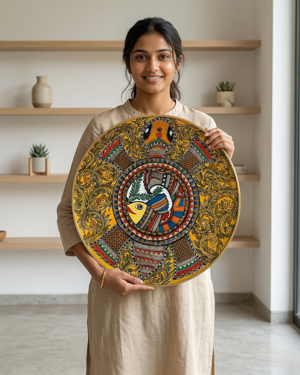 Kurma (Tortoise) with Fish & Floral motifs Madhubani Wall Art | 14 Inch MDF Board