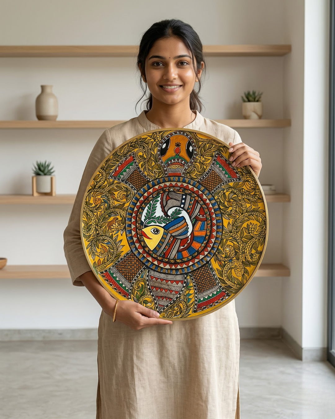 Kurma (Tortoise) with Fish & Floral motifs Madhubani Wall Art | 14 Inch MDF Board