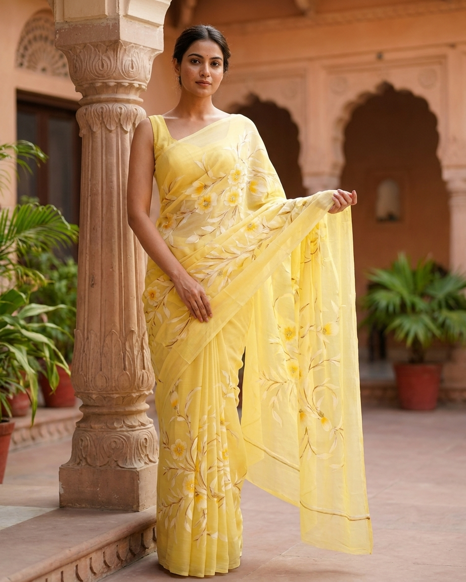 Light Yellow Floral Handmade Madhubani Painting Saree with Blouse