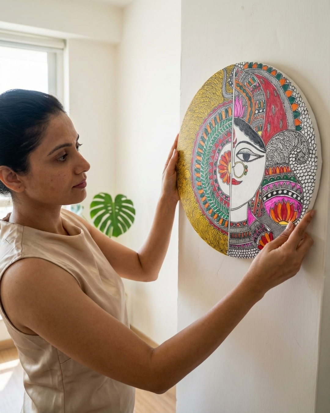 Feminine Spirit & Half-Face Mandala Madhubani Wall Art | 12 Inch MDF Board