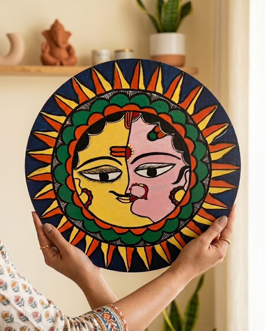 Handmade Ardhanarishwar Madhubani Painting Wall Art on MDF Board – Traditional Mithila Art Decor