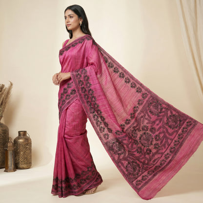 Rani Pink Handmade Madhubani Painting Saree for Women