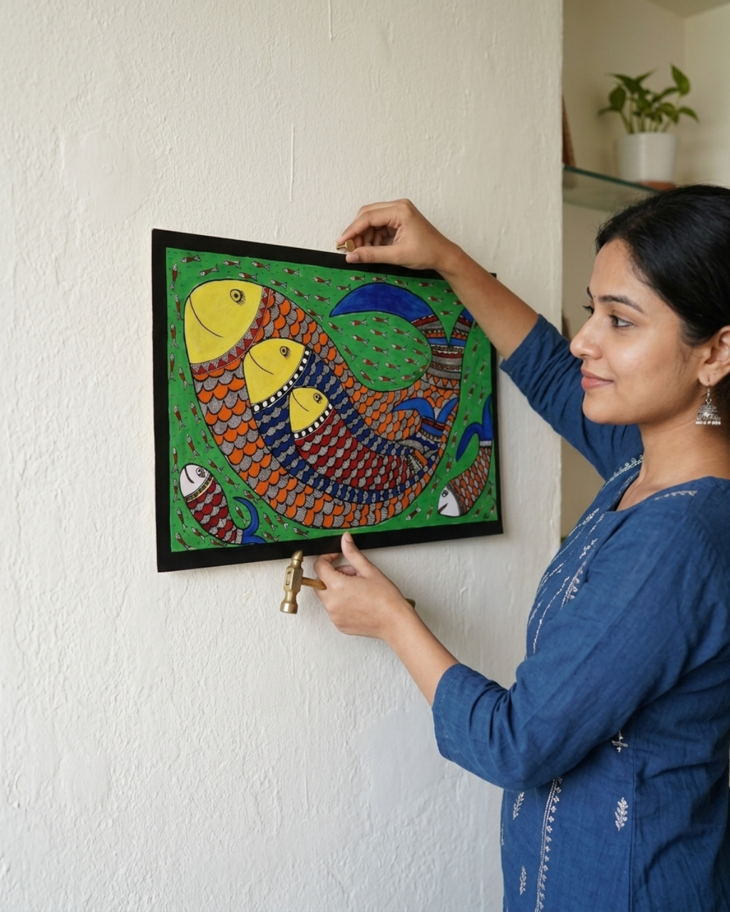Fish Madhubani Painting on Handmade Paper (14x22 Inch) – Traditional Mithila Folk Art Wall Decor