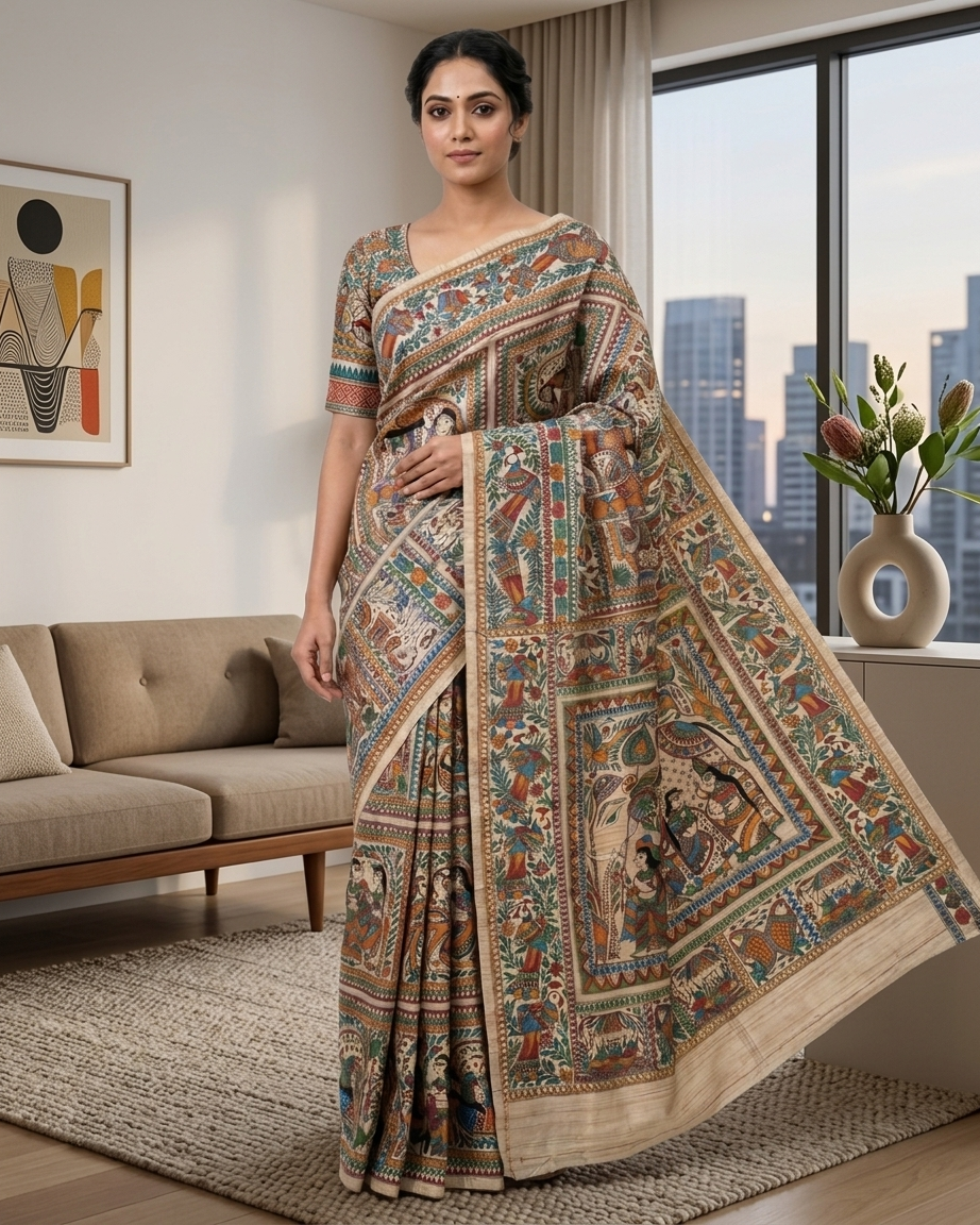 Handmade Madhubani Painting Saree with Blouse | All Over Ethnic Saree for Women