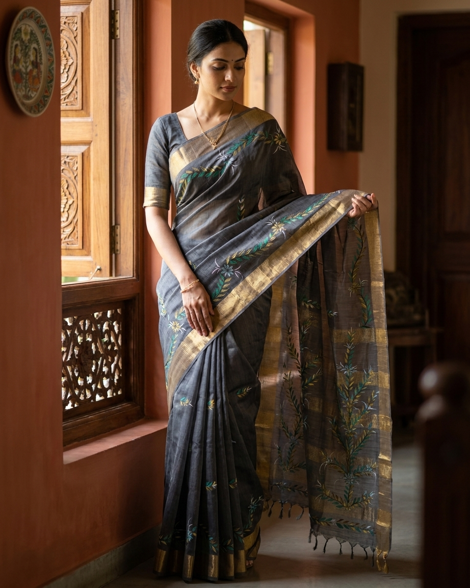 Dark Grey Handmade Madhubani Painting Saree with Blouse - Traditional Mithila Art