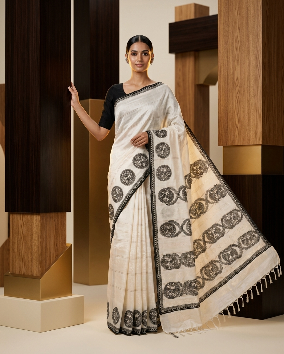 Handmade Madhubani Painting  Saree with Blouse Piece – Traditional Mithila Art Saree for Women
