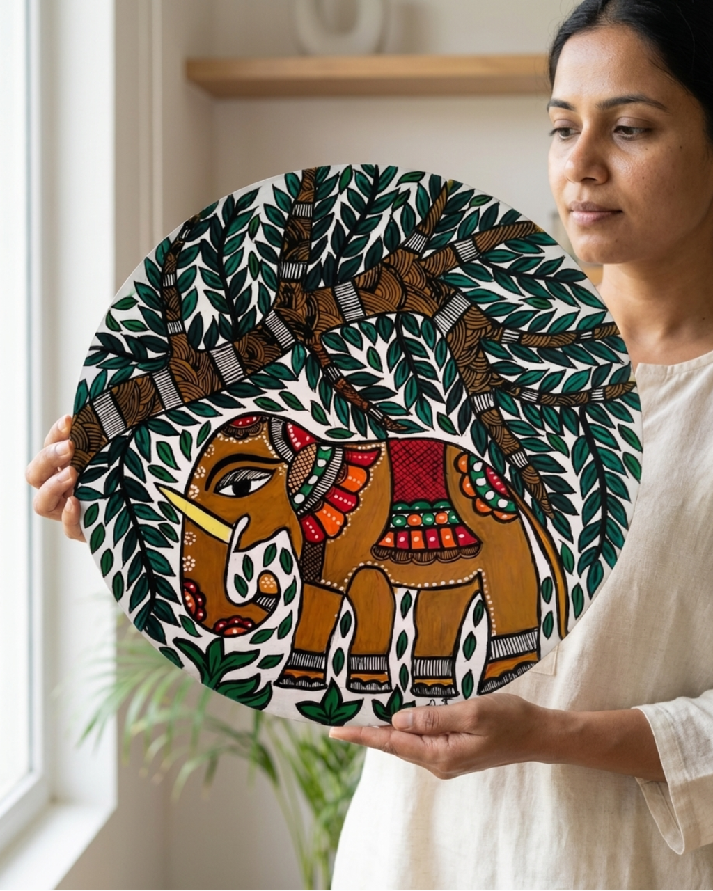 Royal Elephant & Sacred Tree Madhubani Wall Art | 12 Inch MDF Board