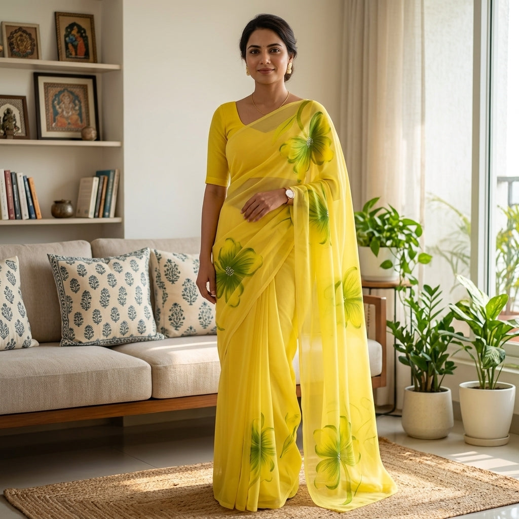 Lemon Yellow Floral Handmade Madhubani Painting Saree with Blouse – Handcrafted Mithila Art